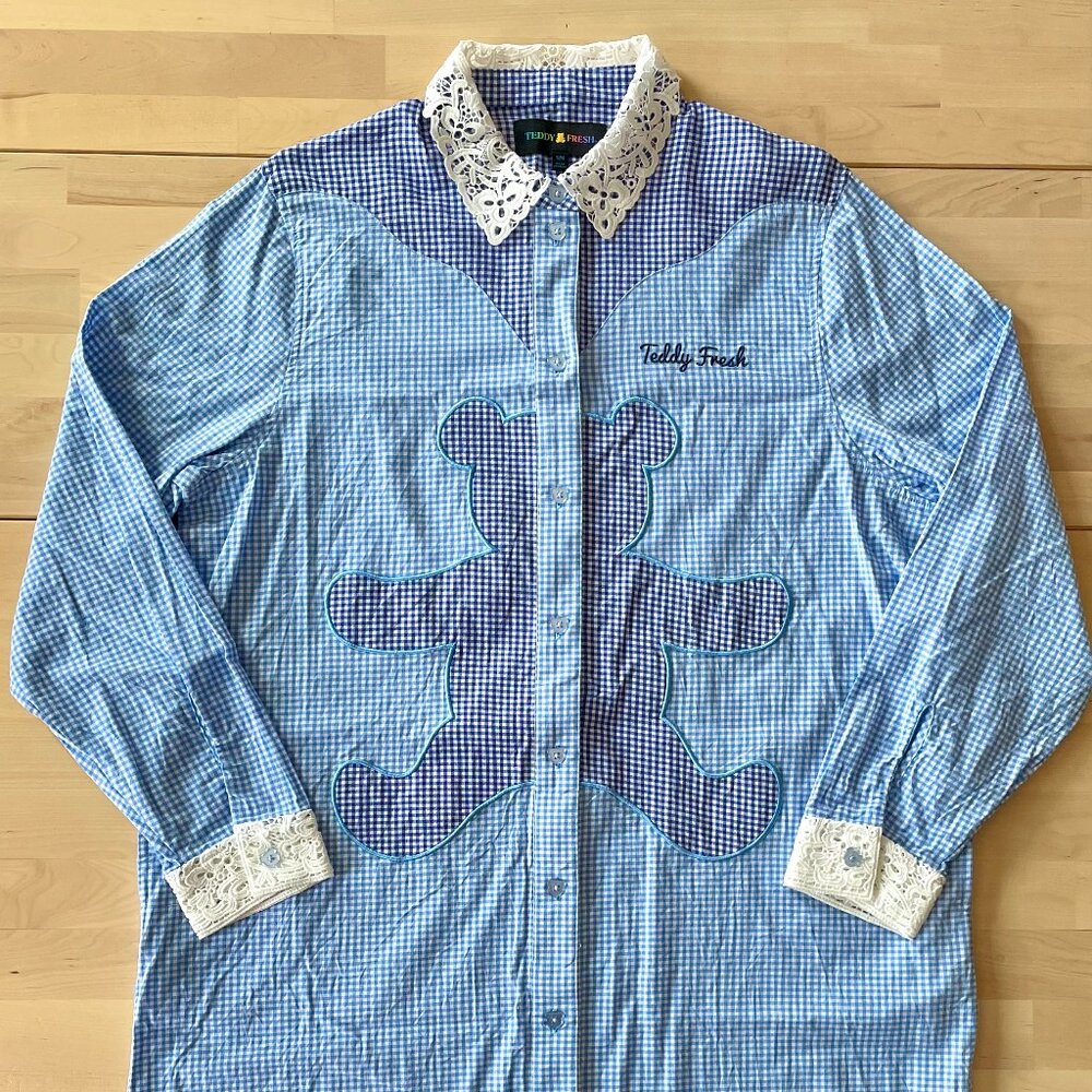 Teddy Fresh Women's Blue Button-Up Gingham Shirt Dress size S/M NWOT NEW